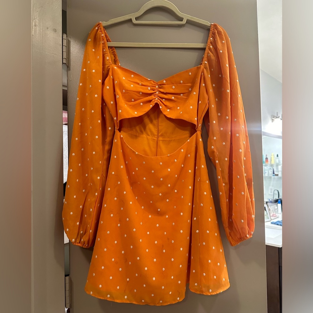 Privacy Please Orange Polka Dot Mini Dress